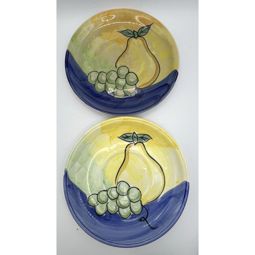 2 Grape & Pear Hand Painted Salad Dessert Stoneware Plates Fruit Lot 7.75"